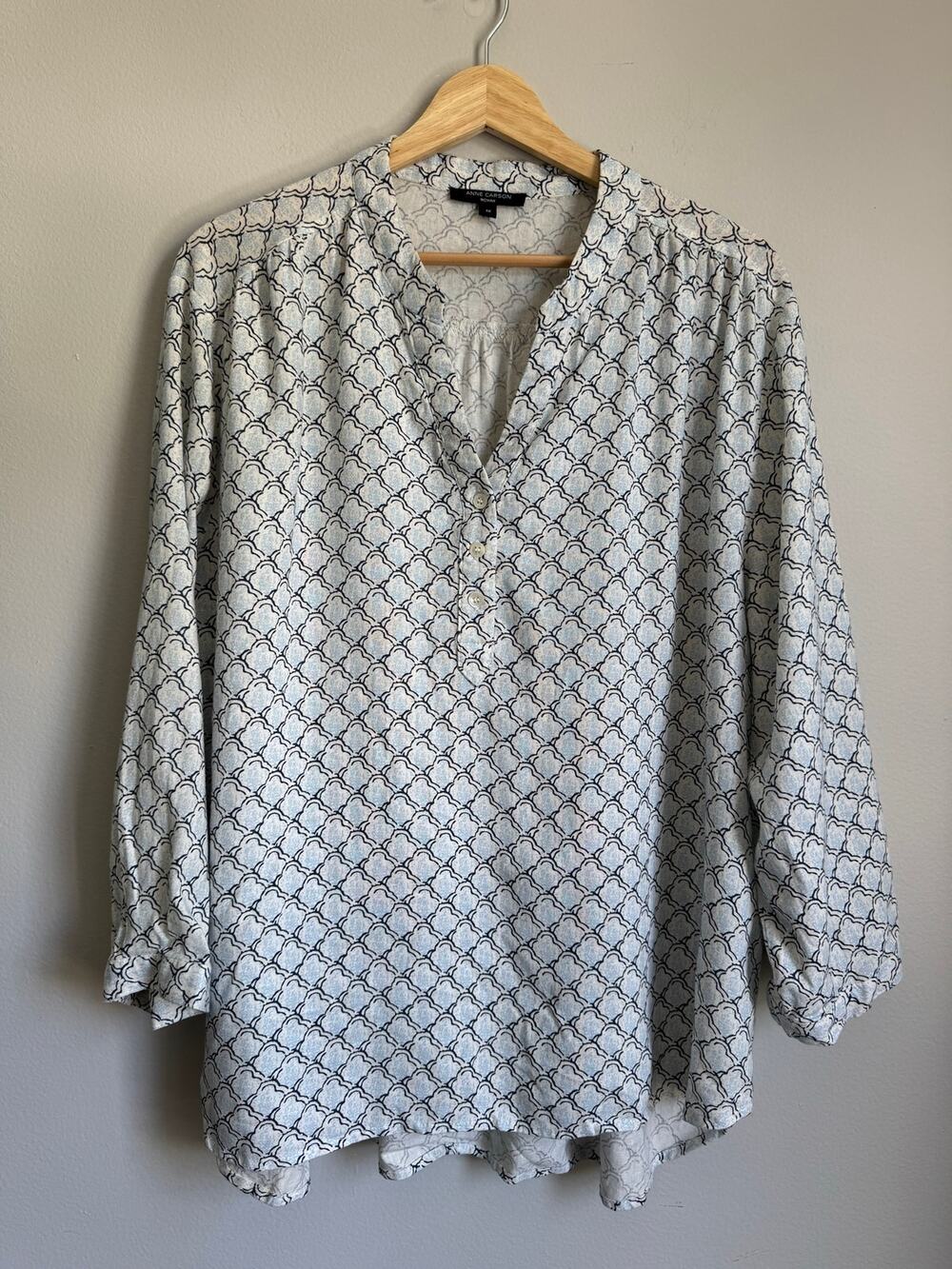 Anne Carson Women's Top Blouse Popover Size 1X Linen Blend Blue Coastal Beachy